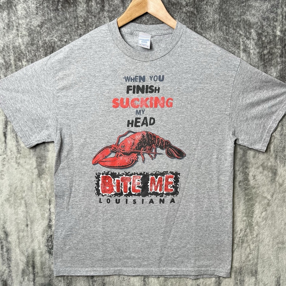 Vintage Y2K Mens Sucking My Head Bite Me Funny T Shirt L Louisiana Crawfish